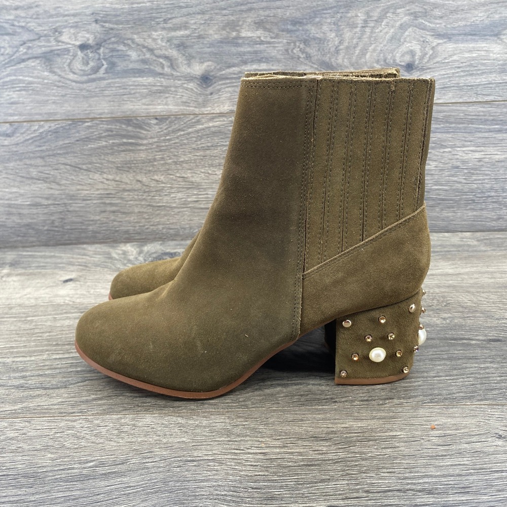 Bettye KB Womens Olive Suede Pearl Stud Embellished Block Heel Ankle Boots 7.5M